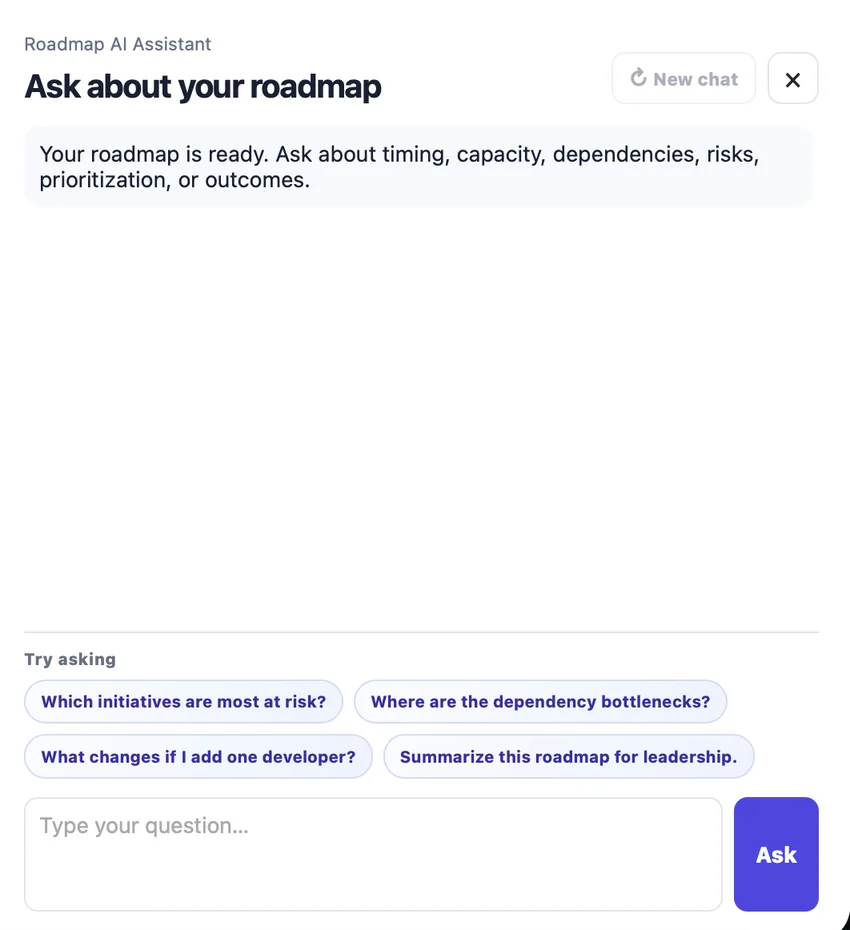AI Roadmap Assistant starting screen with suggested roadmap questions