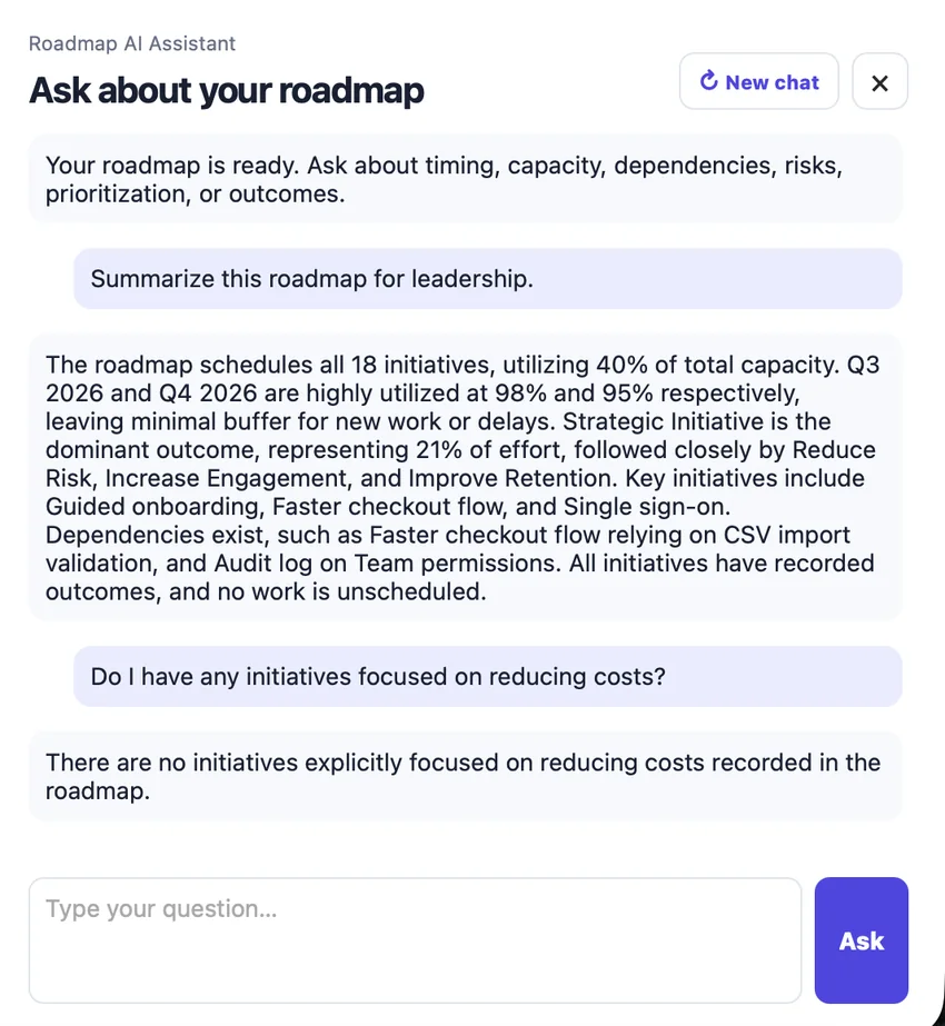 AI Roadmap Assistant summarizing the roadmap and answering a question about cost-reduction initiatives
