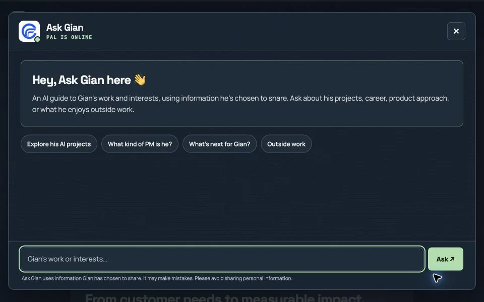 Ask Gian welcome panel with suggested questions and a message field