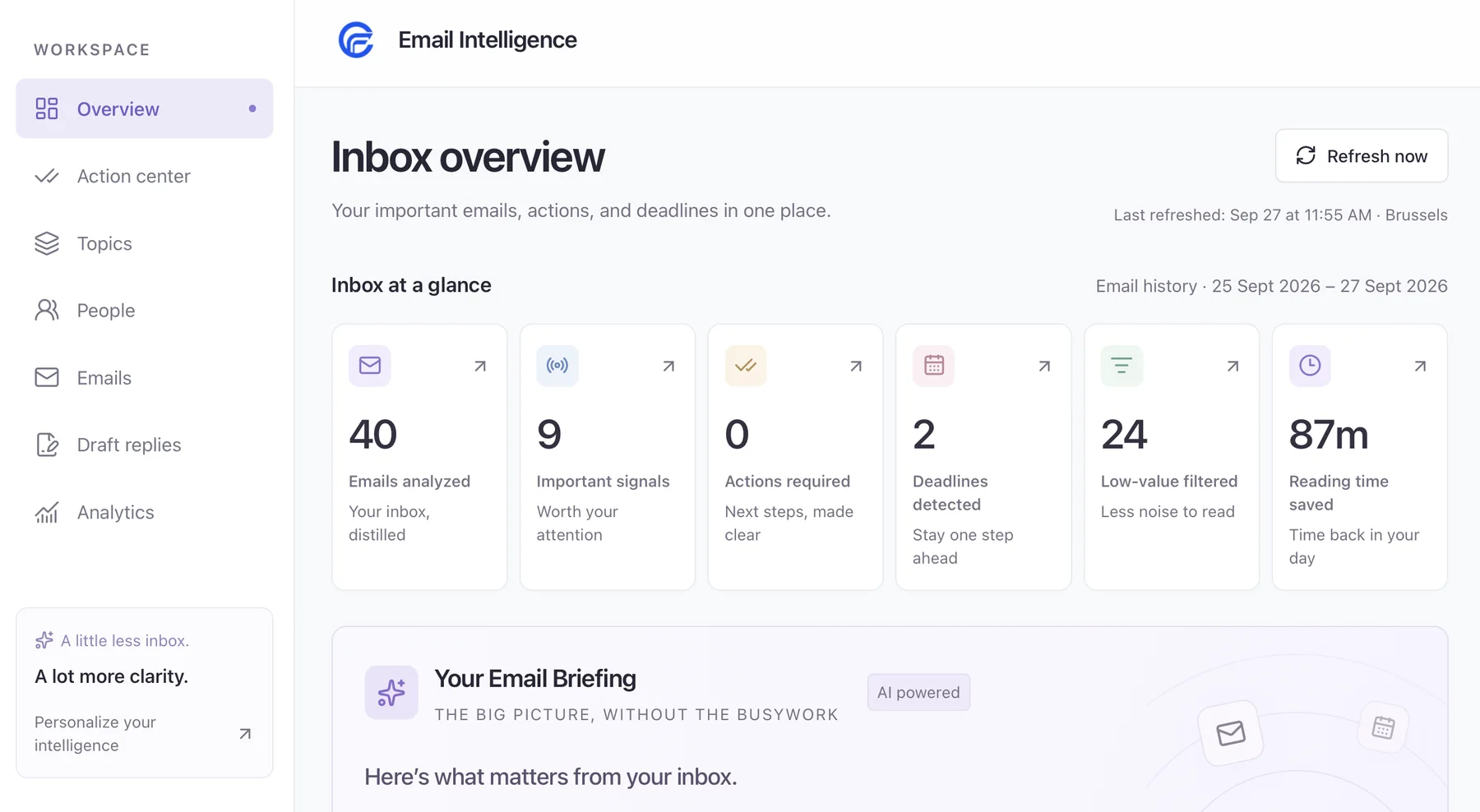 Email Intelligence dashboard showing inbox signals, actions, deadlines and an AI email briefing