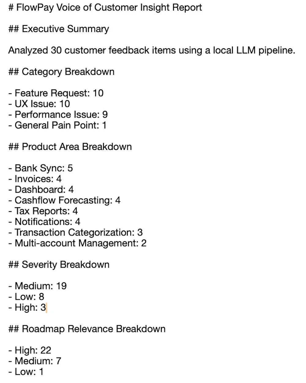 Generated Voice of Customer PM insight report